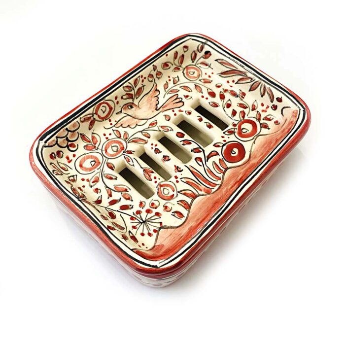 saboneteira em cerâmica Pintada á mão Vermelha, com Padrões Portugueses