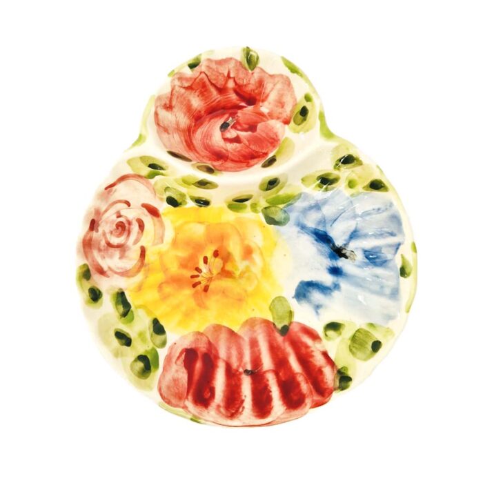 azeitoneira em cerâmica em forma de concha pintada á mão com flores coloridas