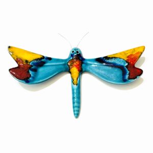 libelinha em ceramica na cor azul e amarela com vermelho