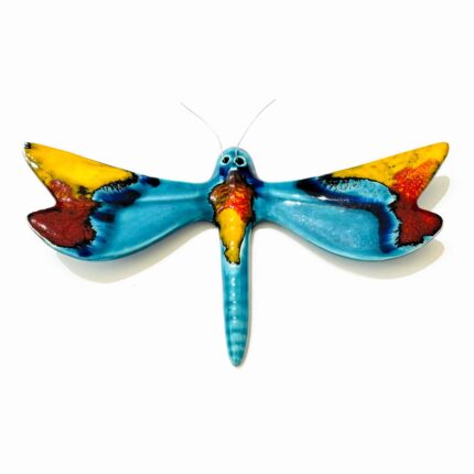libelinha em ceramica na cor azul e amarela com vermelho