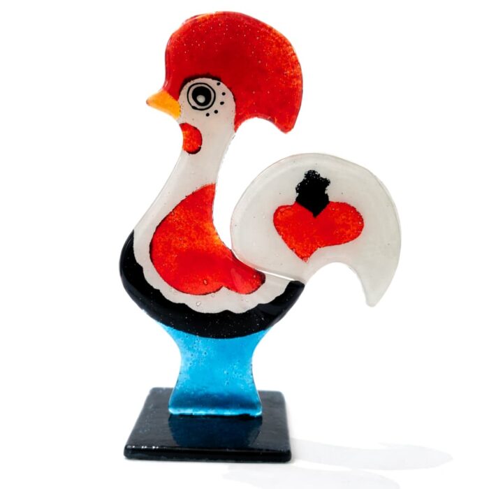 galo de barcelos em vidro nas cores branca e vermelha