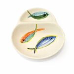 azeitoneira em cerâmica pintada á mão com 3 sardinhas coloridas