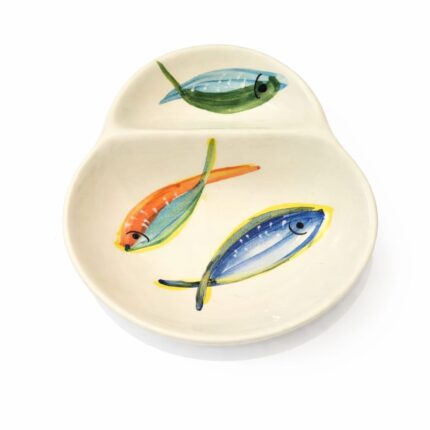 azeitoneira em cerâmica pintada á mão com 3 sardinhas coloridas