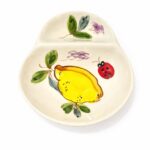 azeitoneira em ceramica pintada á mão com padrão limões e uma joaninha vermelha