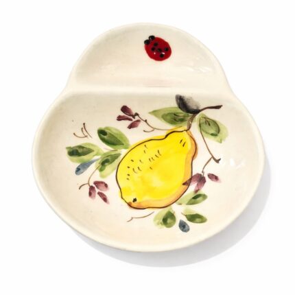azeitoneira em ceramica pintada á mão com um limão e uma joaninha vermelha