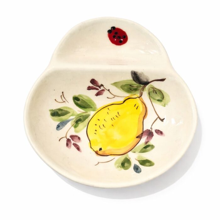 azeitoneira em ceramica pintada á mão com um limão e uma joaninha vermelha