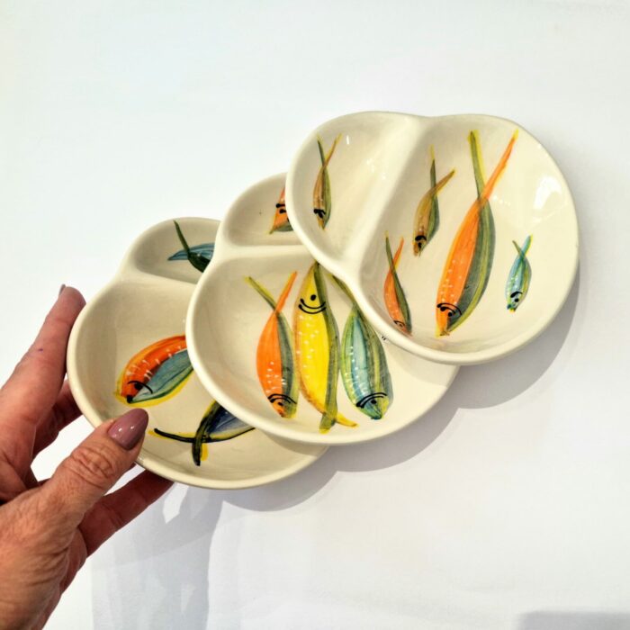 comjunto de 3 azeitoneiras em cerâmica pintada á mão com sardinhas portuguesas coloridas