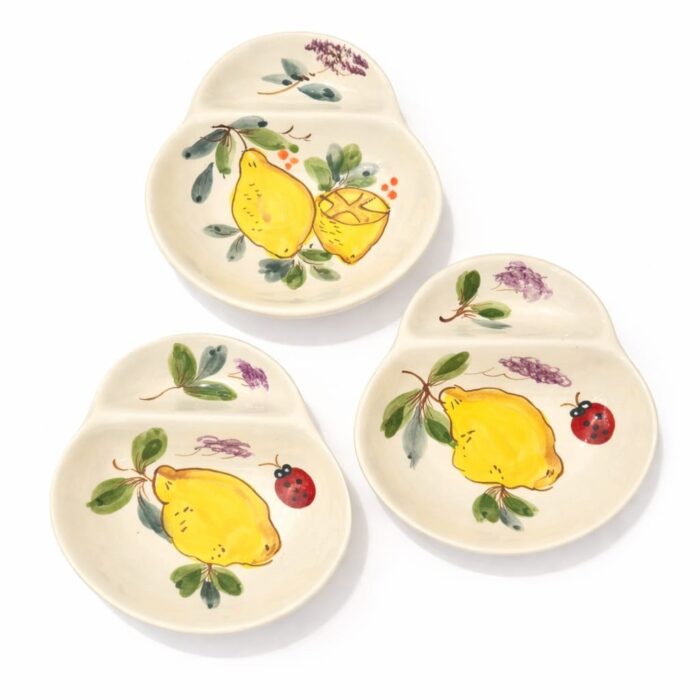 conjunto de 3 azeitoneiras em ceramica pintadas á mão com padrão de limões