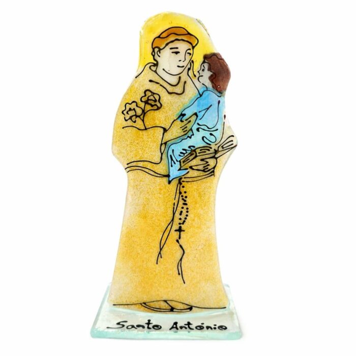 figura do santo antónio em vidro na cor amarela escura