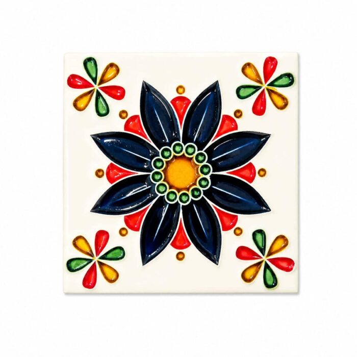 azulejo português tradicional com flores azuis e vermelhas