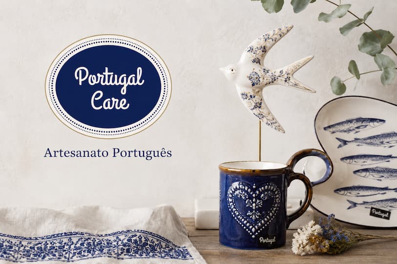 imagem com o logotipo da loja portugal care aveiro e peças de artesanato português