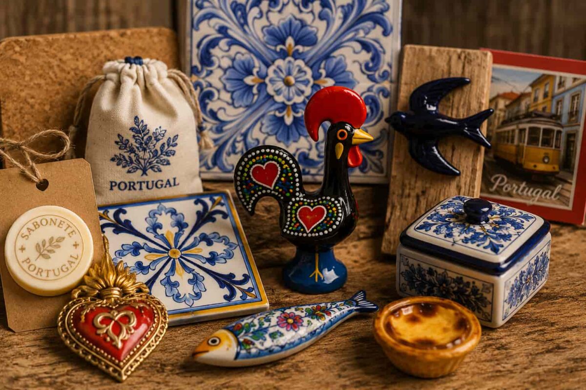 imagem com varios souvenires tradicionais de portugal, azulejos, andorinhas, pastel de nata, galos, sabonetes