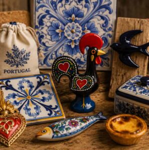 imagem com varios souvenires tradicionais de portugal, azulejos, andorinhas, pastel de nata, galos, sabonetes