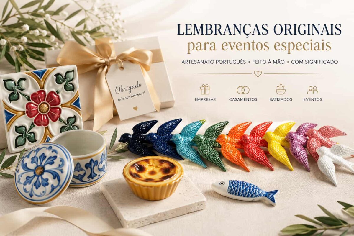 imagem de peças de artesanato portugues, andorinhas, azulejos, pastel de nata