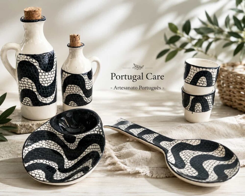 peças em ceramica tradicional com pintura manual inspirada na calçada portuguesa