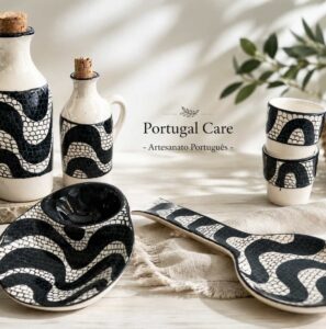 peças em ceramica tradicional com pintura manual inspirada na calçada portuguesa