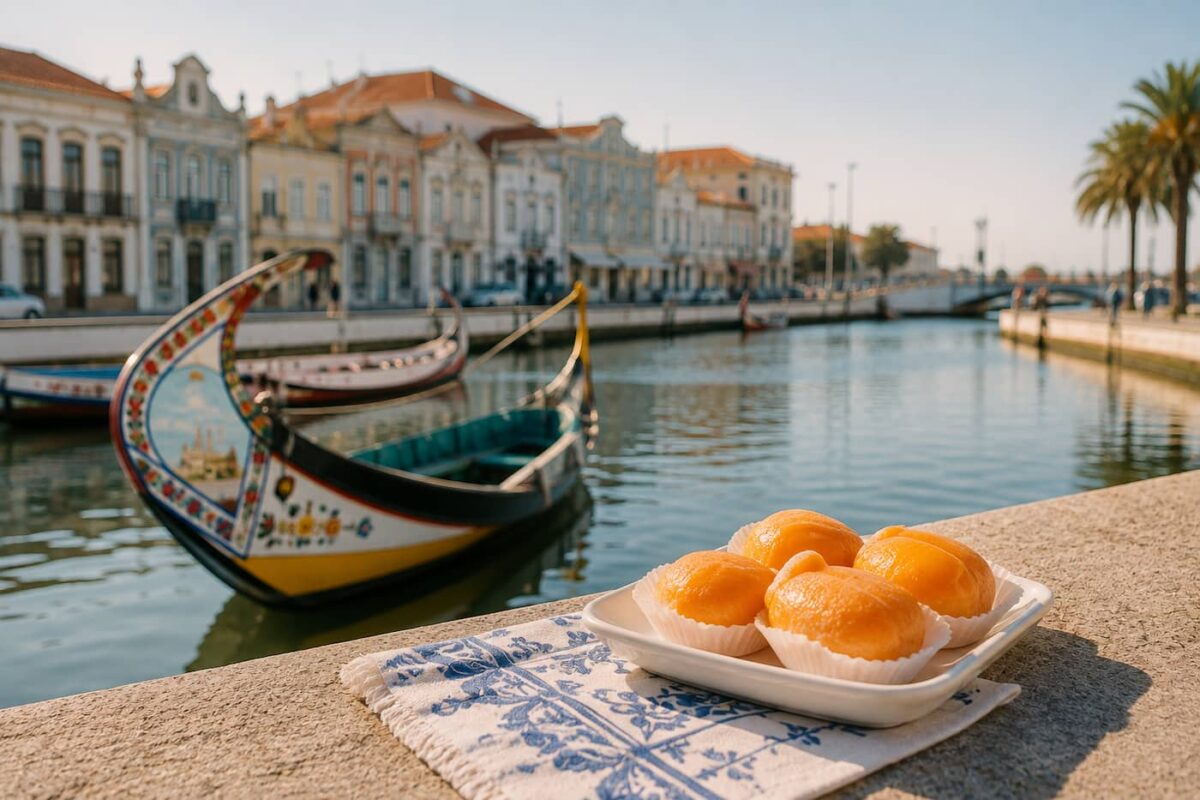 foto da ria de aveiro, com o barco moliceiros e o doce de ovos moles de aveiro