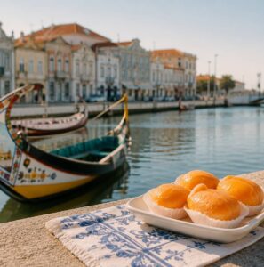 foto da ria de aveiro, com o barco moliceiros e o doce de ovos moles de aveiro
