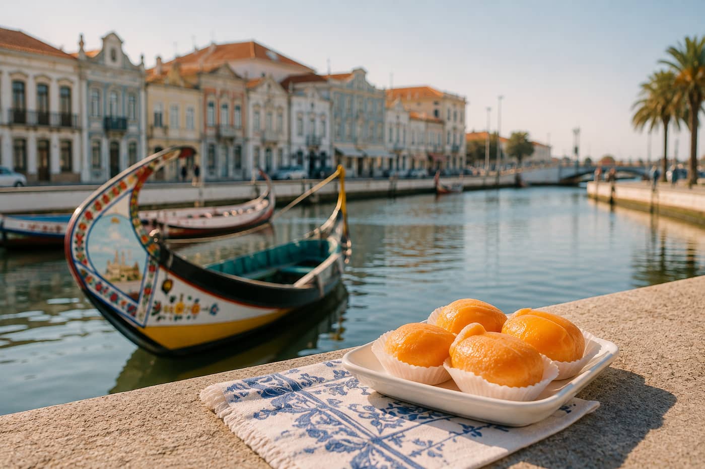foto da ria de aveiro, com o barco moliceiros e o doce de ovos moles de aveiro